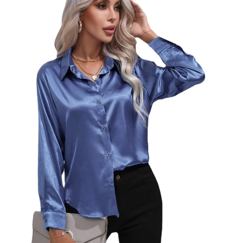 Women's Silky Satin Blouse, Long Sleeve, Elegant Style - SatinGlow