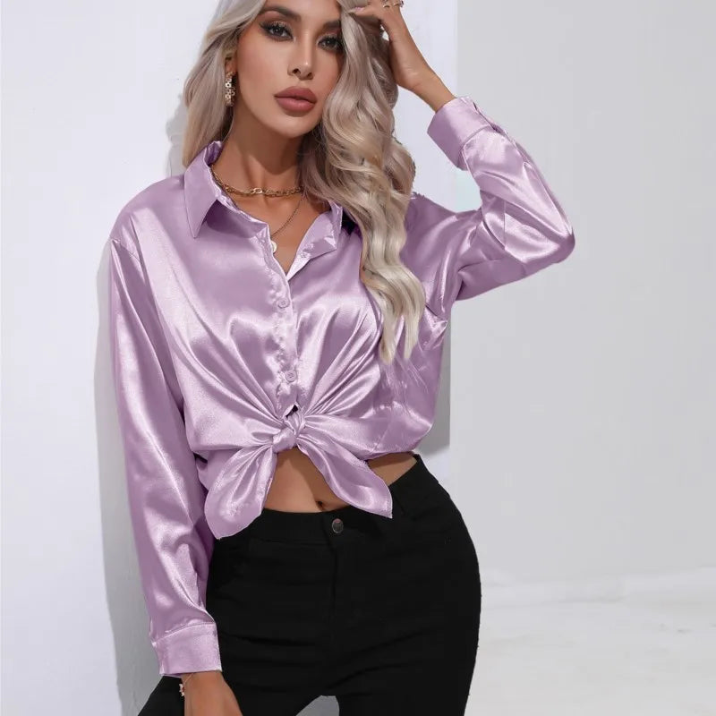 Women's Silky Satin Blouse, Long Sleeve, Elegant Style - SatinGlow