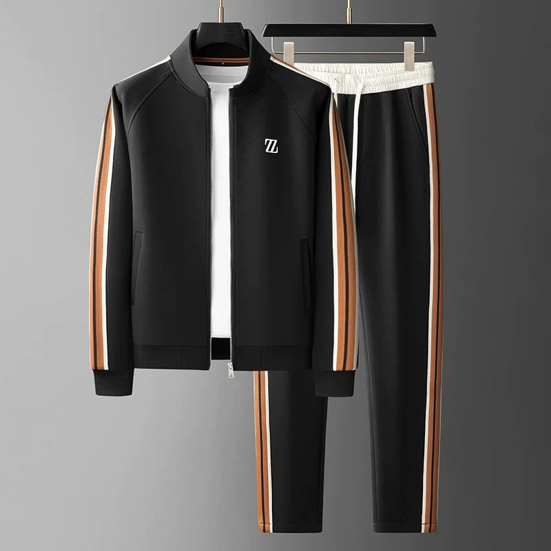 Men’s Tracksuit Set – Zip Jacket and Tapered Joggers – Side Stripe – Stretch Fit Deep Black