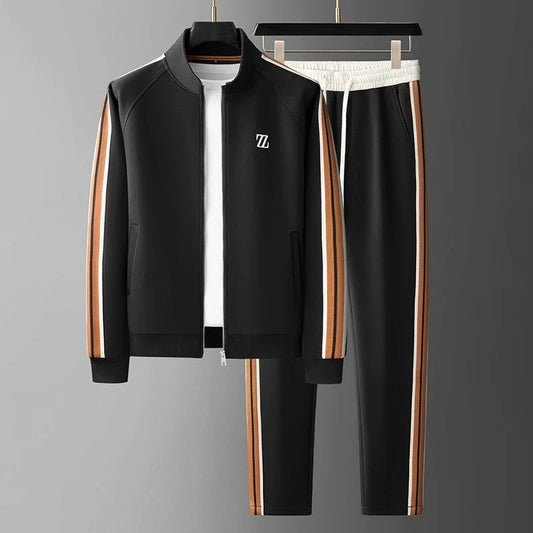 Men’s Tracksuit Set – Zip Jacket and Tapered Joggers – Side Stripe – Stretch Fit Deep Black
