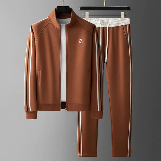 Men’s Tracksuit Set – Zip Jacket and Tapered Joggers – Side Stripe – Stretch Fit Chestnut Brown