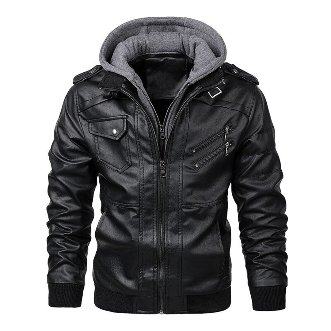 Men’s Leather Jacket – Fitted Silhouette – Hooded – Zip Pockets – Ribbed Cuffs & Hem Black