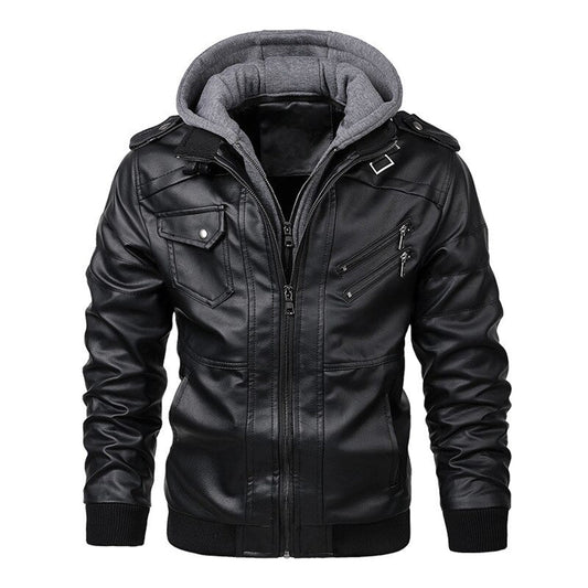 Men’s Leather Jacket – Fitted Silhouette – Hooded – Zip Pockets – Ribbed Cuffs & Hem Black