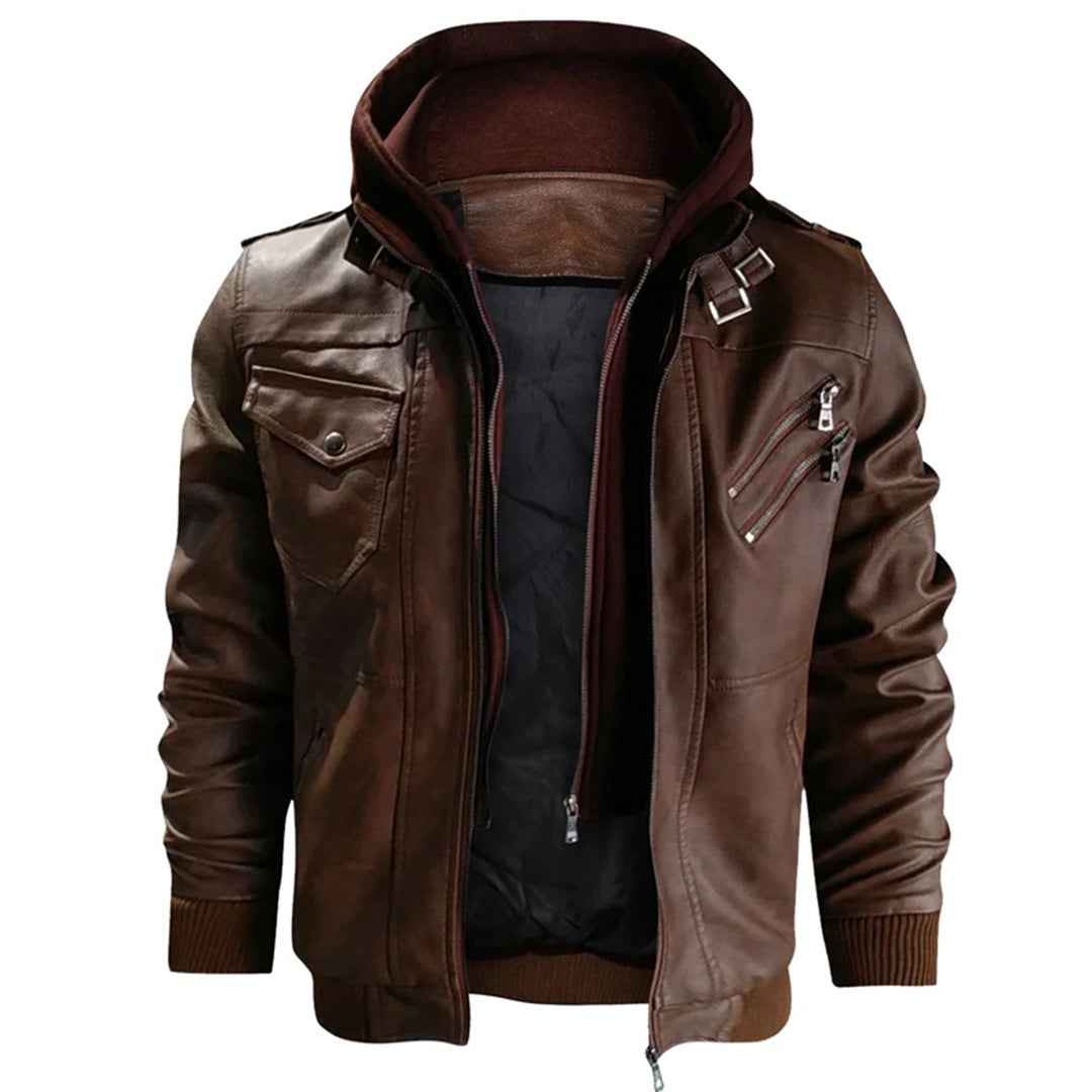 Men’s Leather Jacket – Fitted Silhouette – Hooded – Zip Pockets – Ribbed Cuffs & Hem