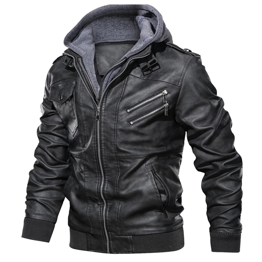 Men’s Leather Jacket – Fitted Silhouette – Hooded – Zip Pockets – Ribbed Cuffs & Hem