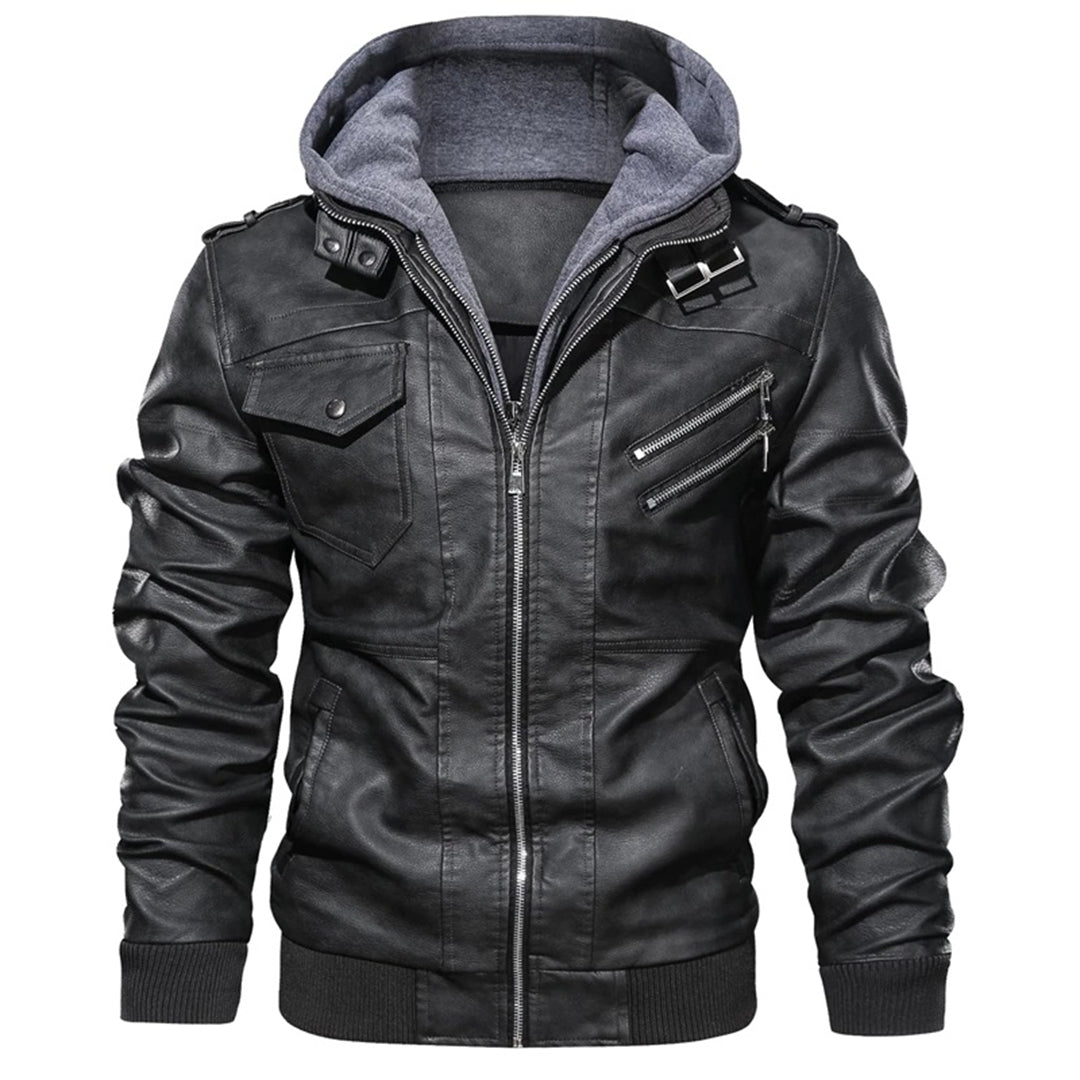 Men’s Leather Jacket – Fitted Silhouette – Hooded – Zip Pockets – Ribbed Cuffs & Hem Gray