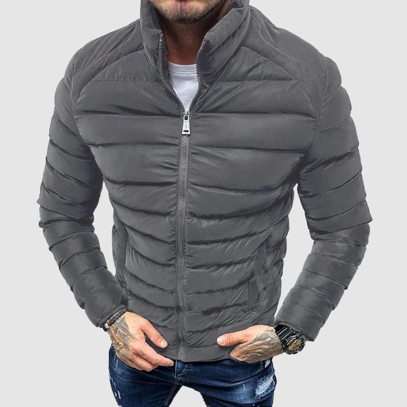 Men's Quilted Puffer Jacket - Insulated Fitted Style - WinterEdge Gray