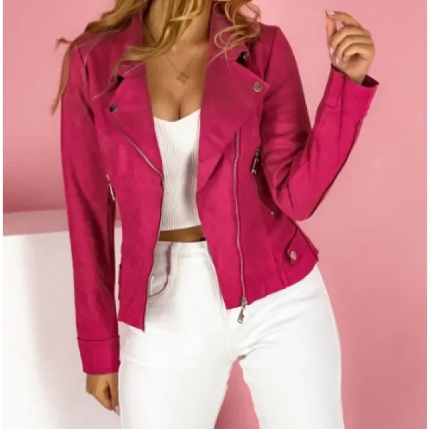 Premium Leather Jacket with Turn Down Collar - UrbanEdge Pink
