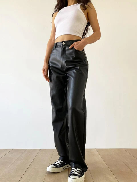 Women's Faux Leather Pants - High Waisted Wide Leg Chic Trousers - LuxeLeathers Black
