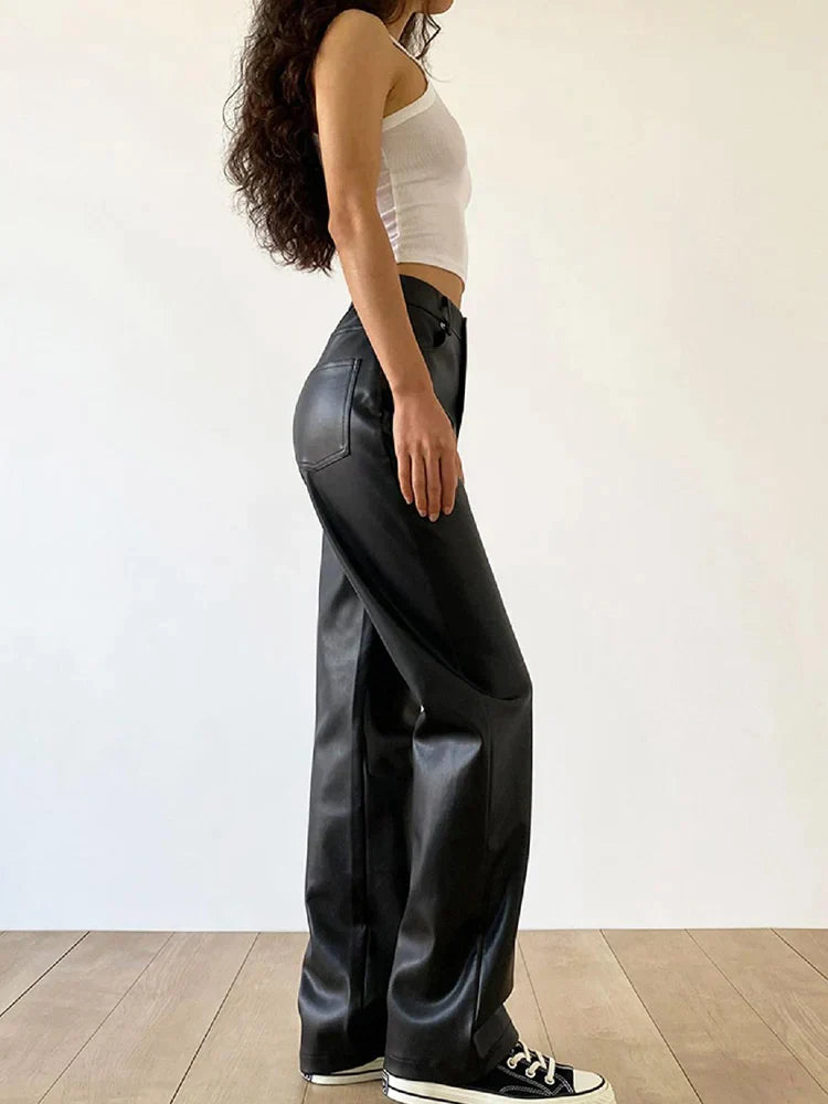 Women's Faux Leather Pants - High Waisted Wide Leg Chic Trousers - LuxeLeathers
