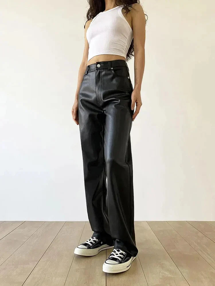 Women's Faux Leather Pants - High Waisted Wide Leg Chic Trousers - LuxeLeathers