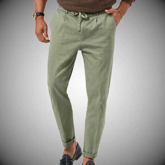 Men’s Relaxed Fit Trousers – Natural Fibers – Tapered Leg – Drawstring Waist – Full Length Green