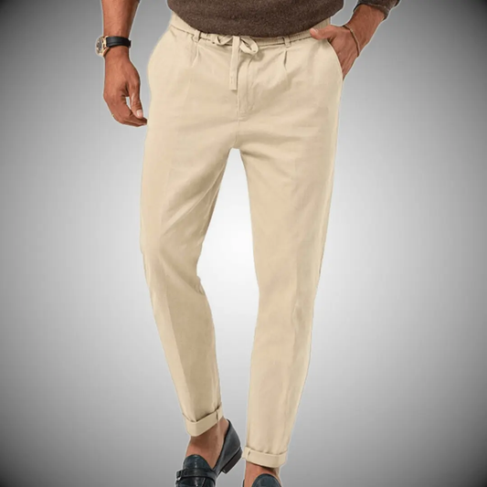 Men’s Relaxed Fit Trousers – Natural Fibers – Tapered Leg – Drawstring Waist – Full Length Beige
