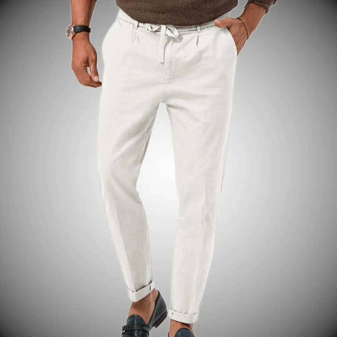 Men’s Relaxed Fit Trousers – Natural Fibers – Tapered Leg – Drawstring Waist – Full Length