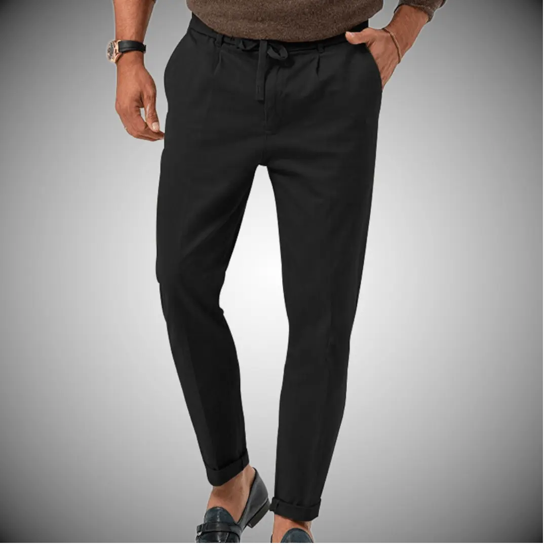 Men’s Relaxed Fit Trousers – Natural Fibers – Tapered Leg – Drawstring Waist – Full Length Black
