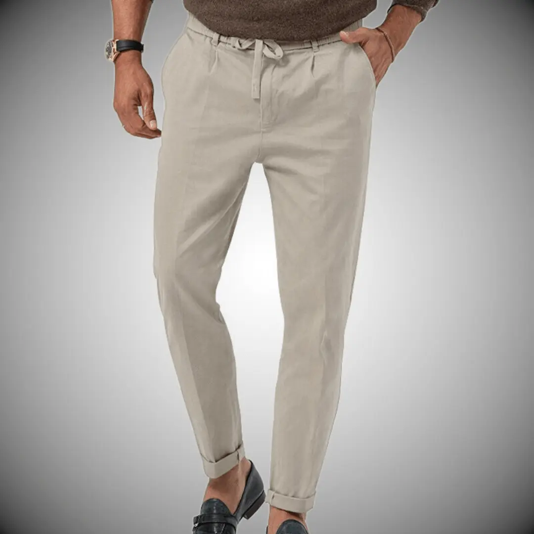 Men’s Relaxed Fit Trousers – Natural Fibers – Tapered Leg – Drawstring Waist – Full Length Gray