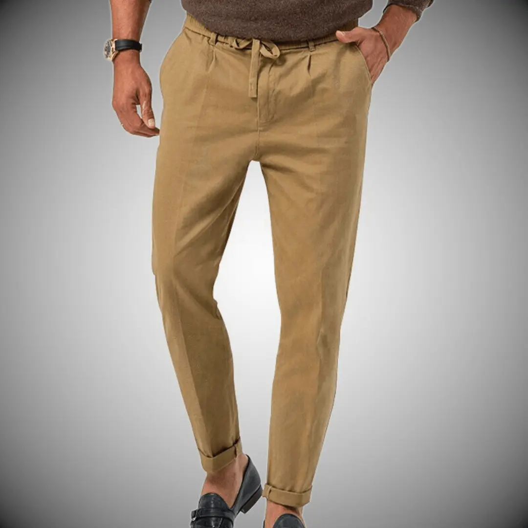 Men’s Relaxed Fit Trousers – Natural Fibers – Tapered Leg – Drawstring Waist – Full Length Khaki