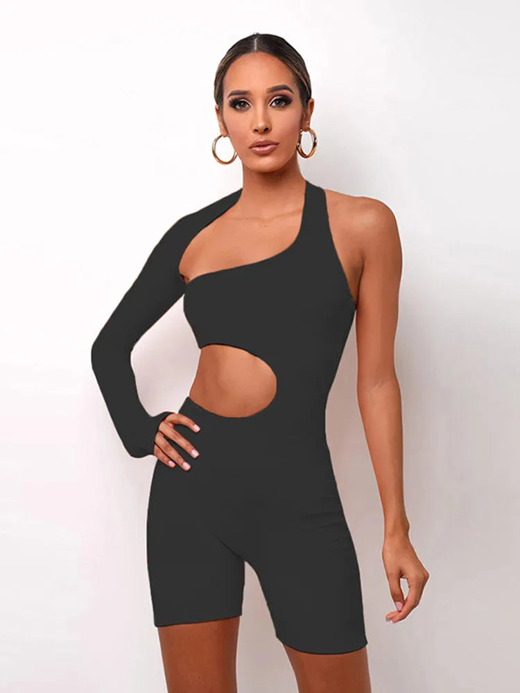 Women's One-Shoulder Cutout Romper - Slim Fit, Edgy Style - AsymmChic