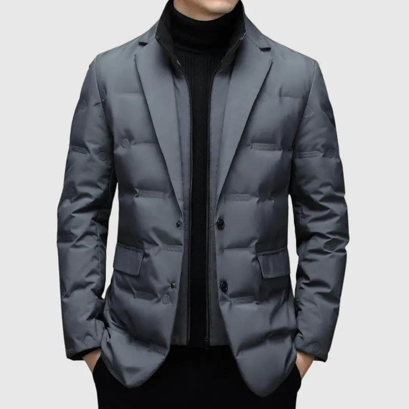 Men’s Padded Jacket – Slim Fit – Quilted Blazer Style – Hip Length – Lapel Collar Gray