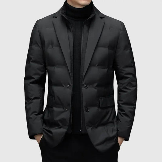 Men’s Padded Jacket – Slim Fit – Quilted Blazer Style – Hip Length – Lapel Collar Black