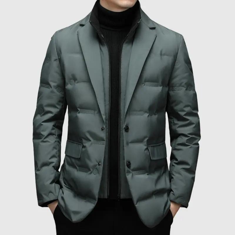 Men’s Padded Jacket – Slim Fit – Quilted Blazer Style – Hip Length – Lapel Collar Green