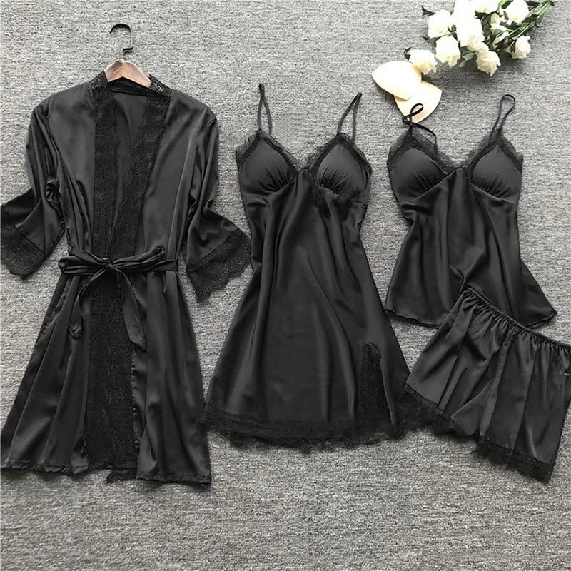 Women's Satin 5-Piece Sleepwear Set - Luxe Lace Trim - SatinDreams Black