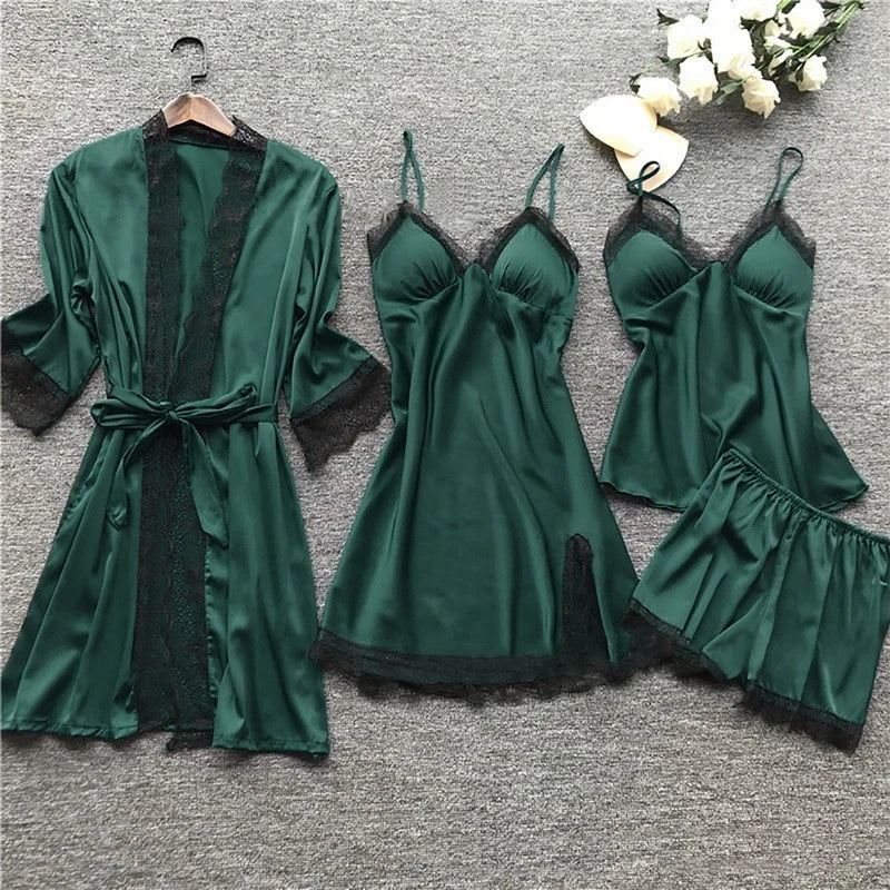 Women's Satin 5-Piece Sleepwear Set - Luxe Lace Trim - SatinDreams Green