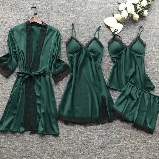 Women's Satin 5-Piece Sleepwear Set - Luxe Lace Trim - SatinDreams Green