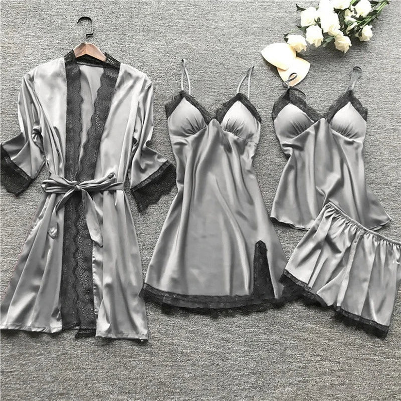 Women's Satin 5-Piece Sleepwear Set - Luxe Lace Trim - SatinDreams Gray
