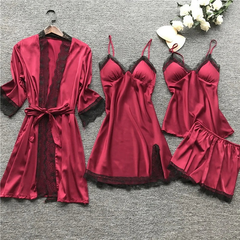 Women's Satin 5-Piece Sleepwear Set - Luxe Lace Trim - SatinDreams Red