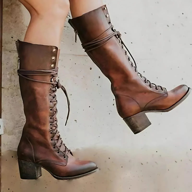 Women's Lace-Up Knee High Boots - Urban Edge Brown