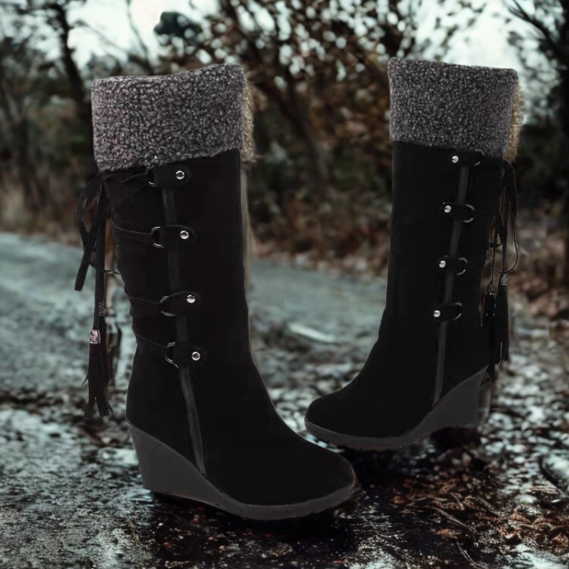 Women's Wedge Heel Mid-Calf Boots Faux Fur - UrbanStride Black