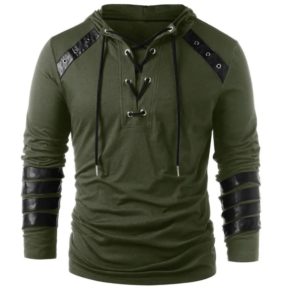 Men’s Hoodie - Lace-Up V-Neck - Faux Leather Panels - Long Sleeve Casual Wear Green