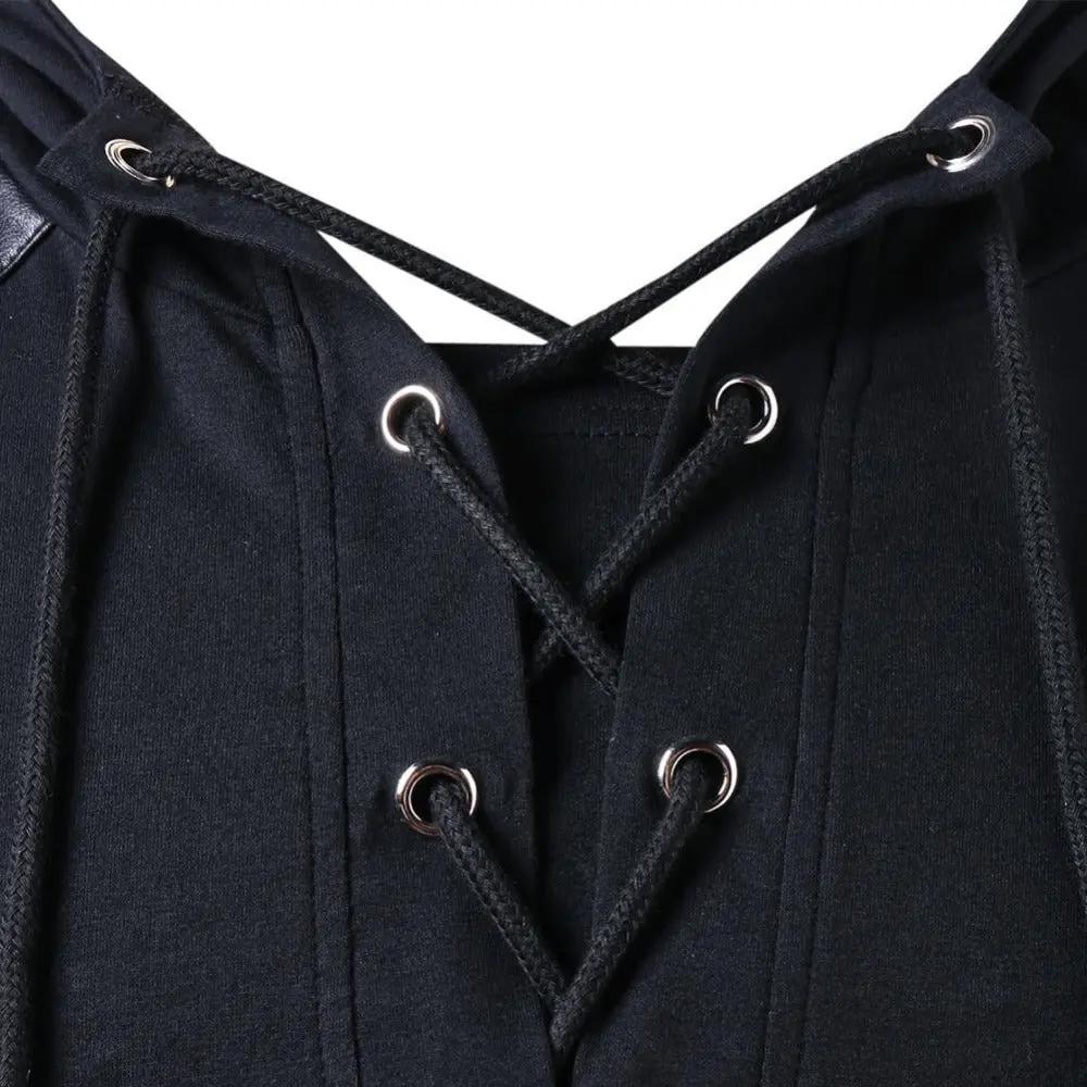 Men’s Hoodie - Lace-Up V-Neck - Faux Leather Panels - Long Sleeve Casual Wear