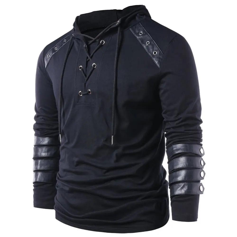 Men’s Hoodie - Lace-Up V-Neck - Faux Leather Panels - Long Sleeve Casual Wear