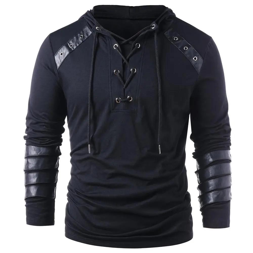 Men’s Hoodie - Lace-Up V-Neck - Faux Leather Panels - Long Sleeve Casual Wear Black