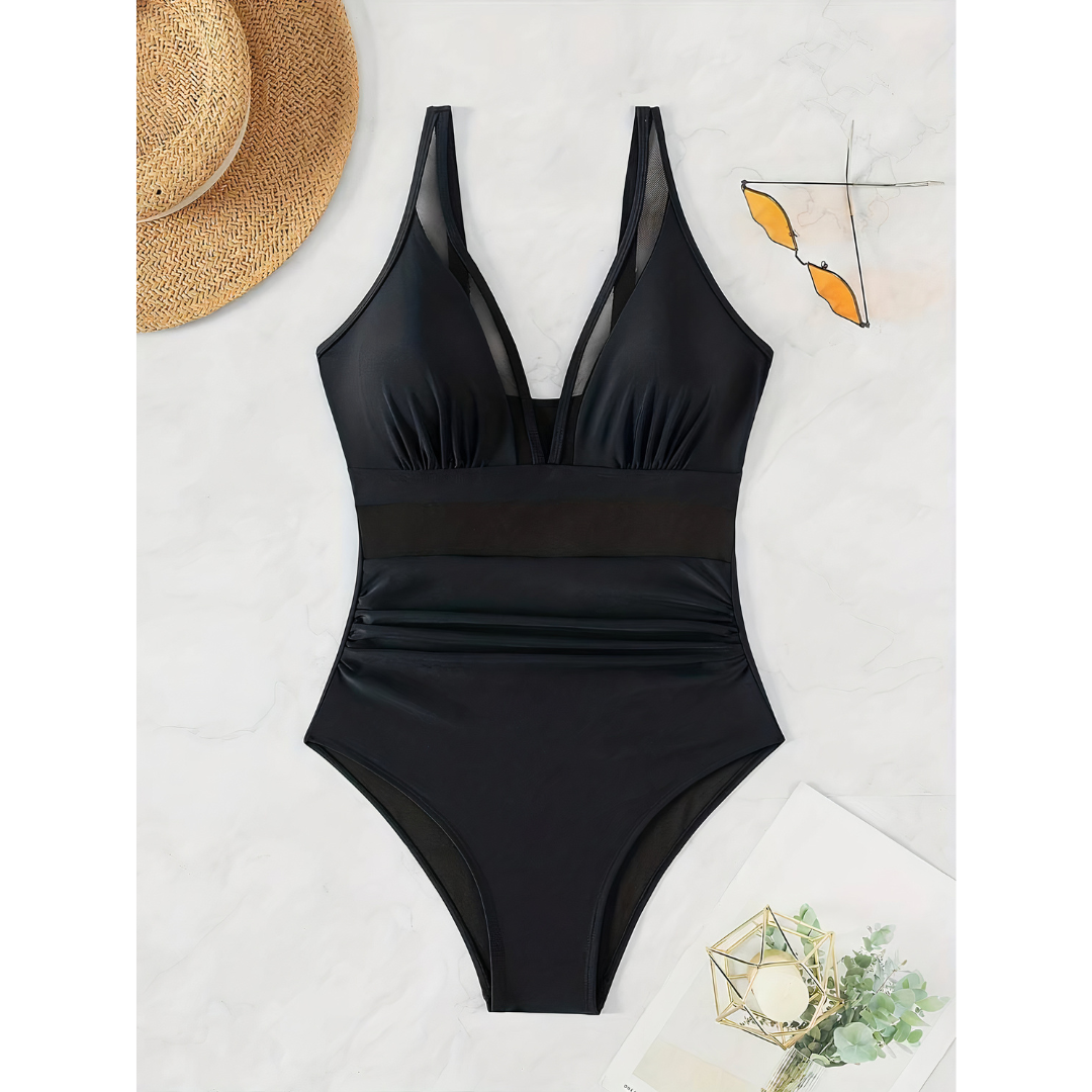 Women's Mesh Panel One-Piece Swimsuit - Flattering High-Cut - SeaSculpt