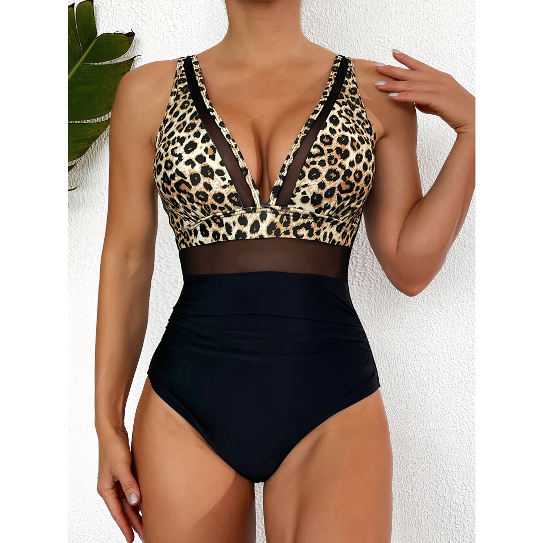 Women's Mesh Panel One-Piece Swimsuit - Flattering High-Cut - SeaSculpt LeoSard
