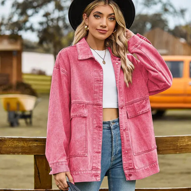 Women's Premium Denim Jacket - Retro Chic Slim Fit JeanJacket Pink