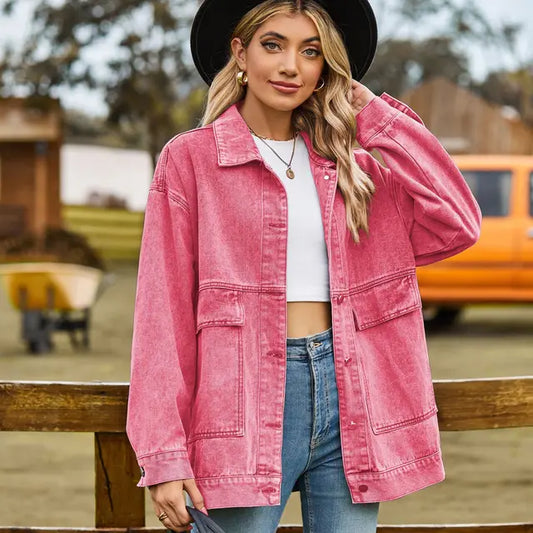 Women's Premium Denim Jacket - Retro Chic Slim Fit JeanJacket Pink