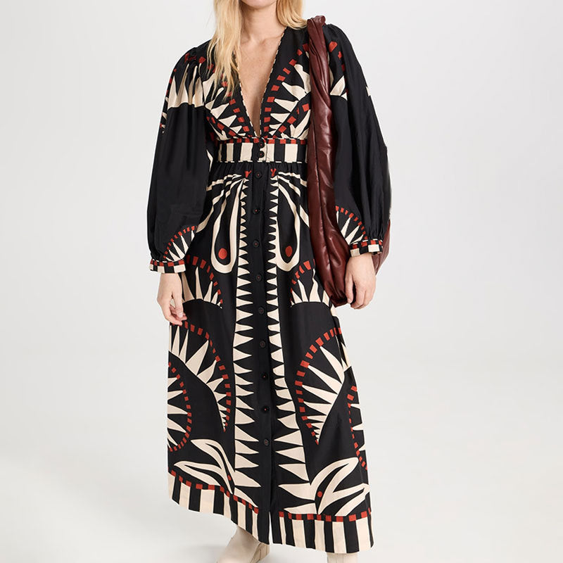 Women's Flowy Maxi Dress Long Sleeve V-Neck - Everly Gown Black