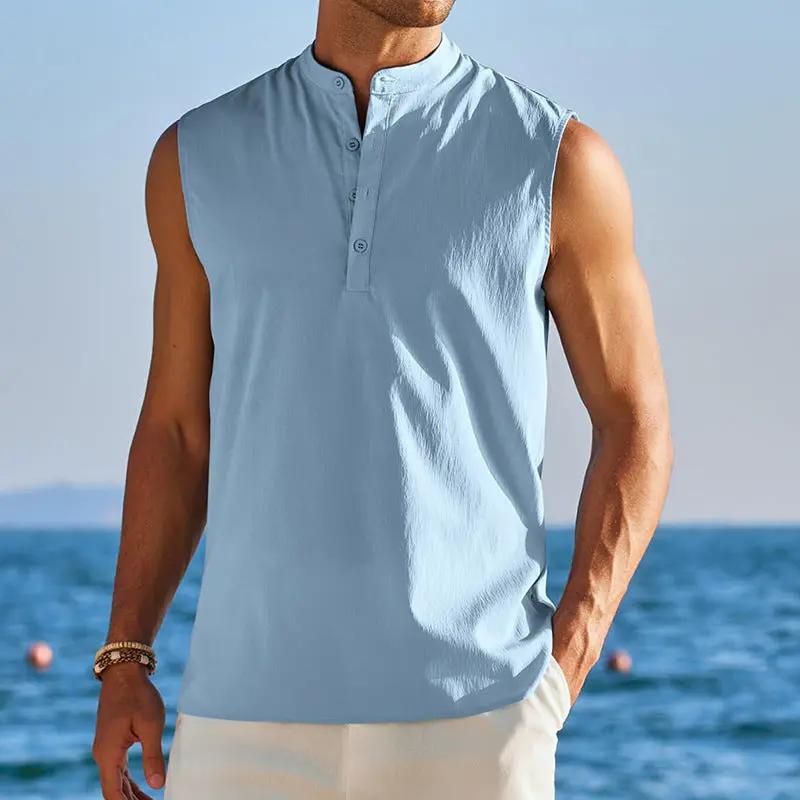 Men’s Sleeveless Vest – Cotton Blend – Relaxed Fit – Mandarin Collar – Half Button