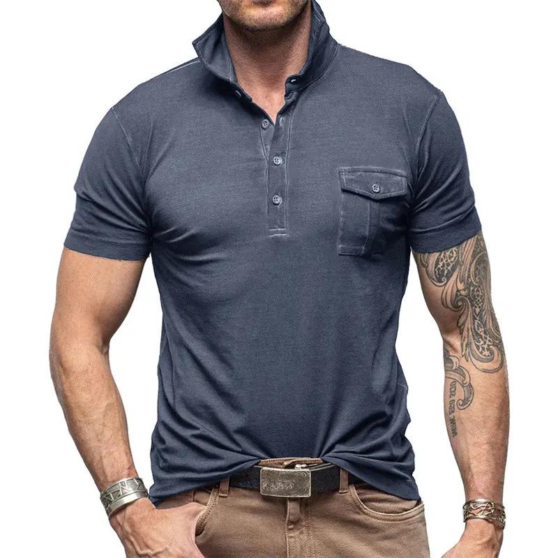 Men's Slim Fit Cotton Polo Shirt - Stand Collar Pocket - ModernEdge Grey