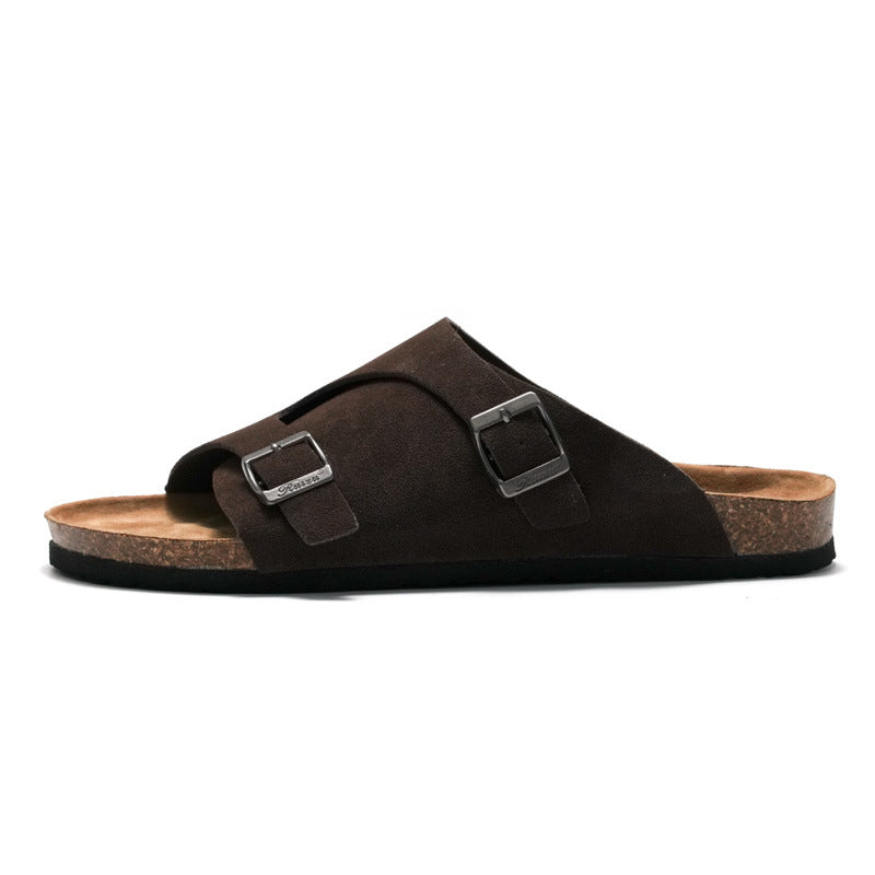 Unisex Suede Sandals with Adjustable Buckle - CorkStep Dark Brown