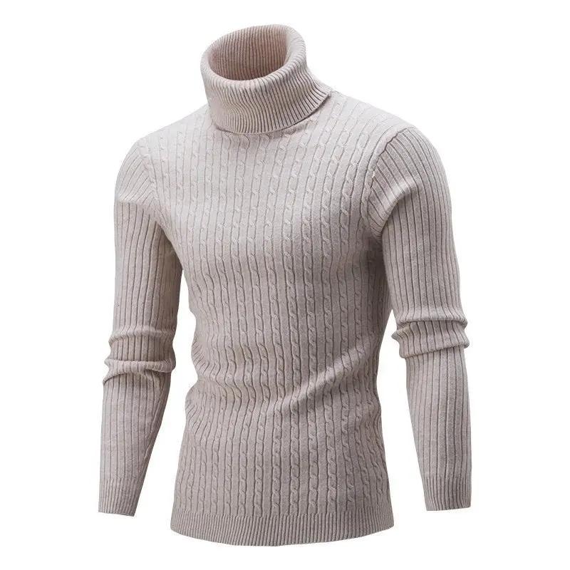 Men’s Turtleneck Sweater – Slim Fit – Wool Knit – Cable Pattern – Ribbed Hem Beige