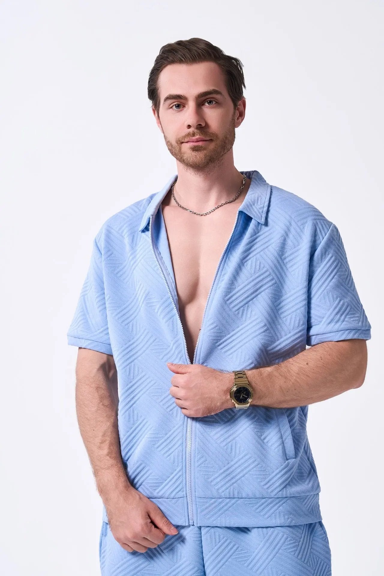 Men's Geometric Short Sleeve Zip Shirt - UrbanEdge Light Blue