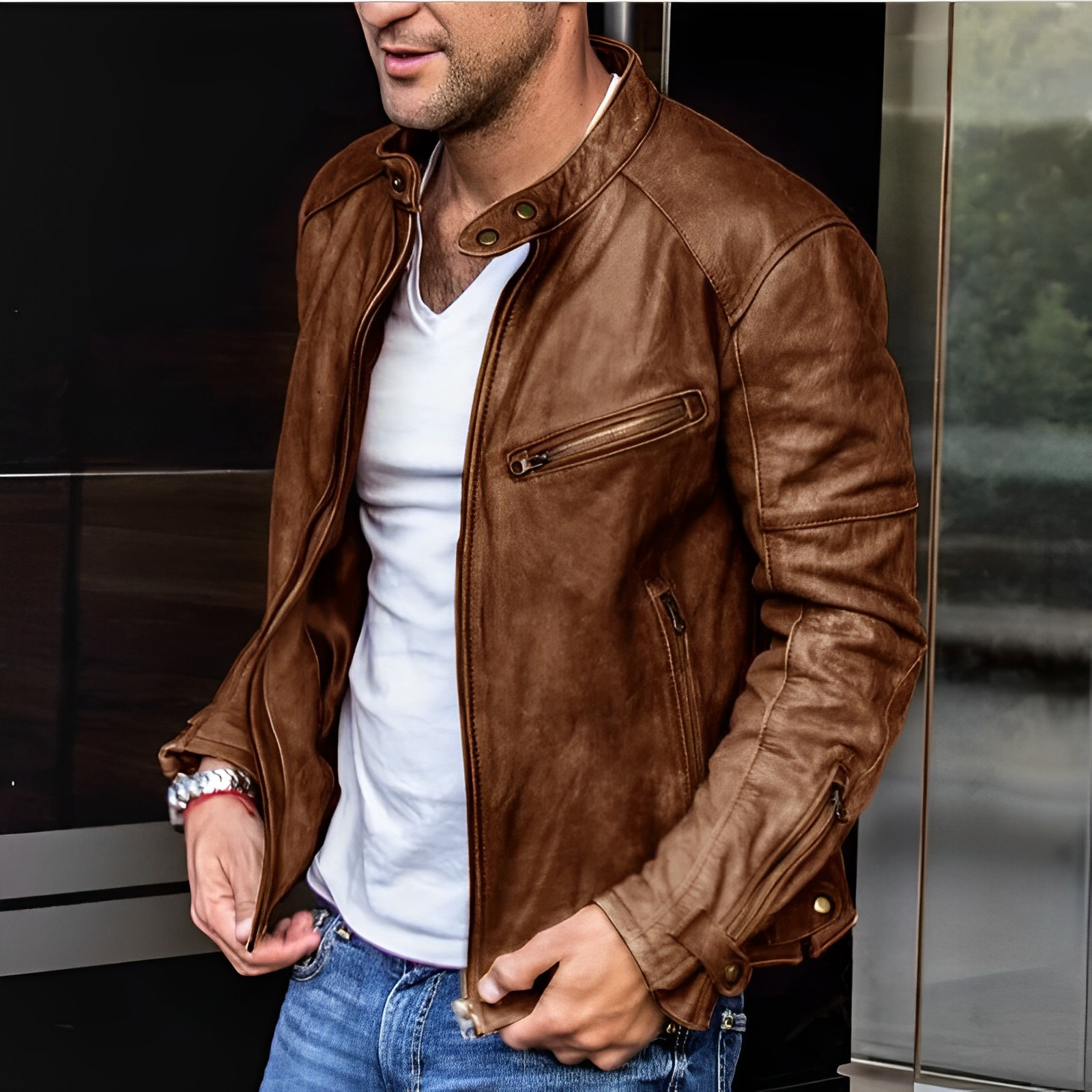 Men's Vintage PU Leather Jacket Stand-Up Collar - RetroEdge Brown