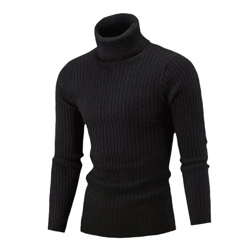 Men’s Turtleneck Sweater – Slim Fit – Wool Knit – Cable Pattern – Ribbed Hem Black