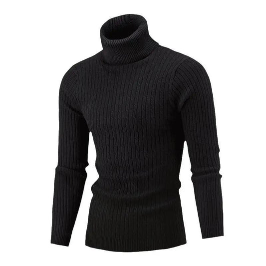 Men’s Turtleneck Sweater – Slim Fit – Wool Knit – Cable Pattern – Ribbed Hem Black