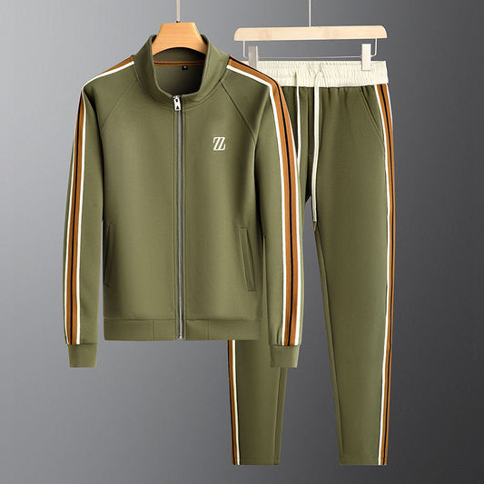 Men’s Tracksuit Set – Zip Jacket and Tapered Joggers – Side Stripe – Stretch Fit Olive Green